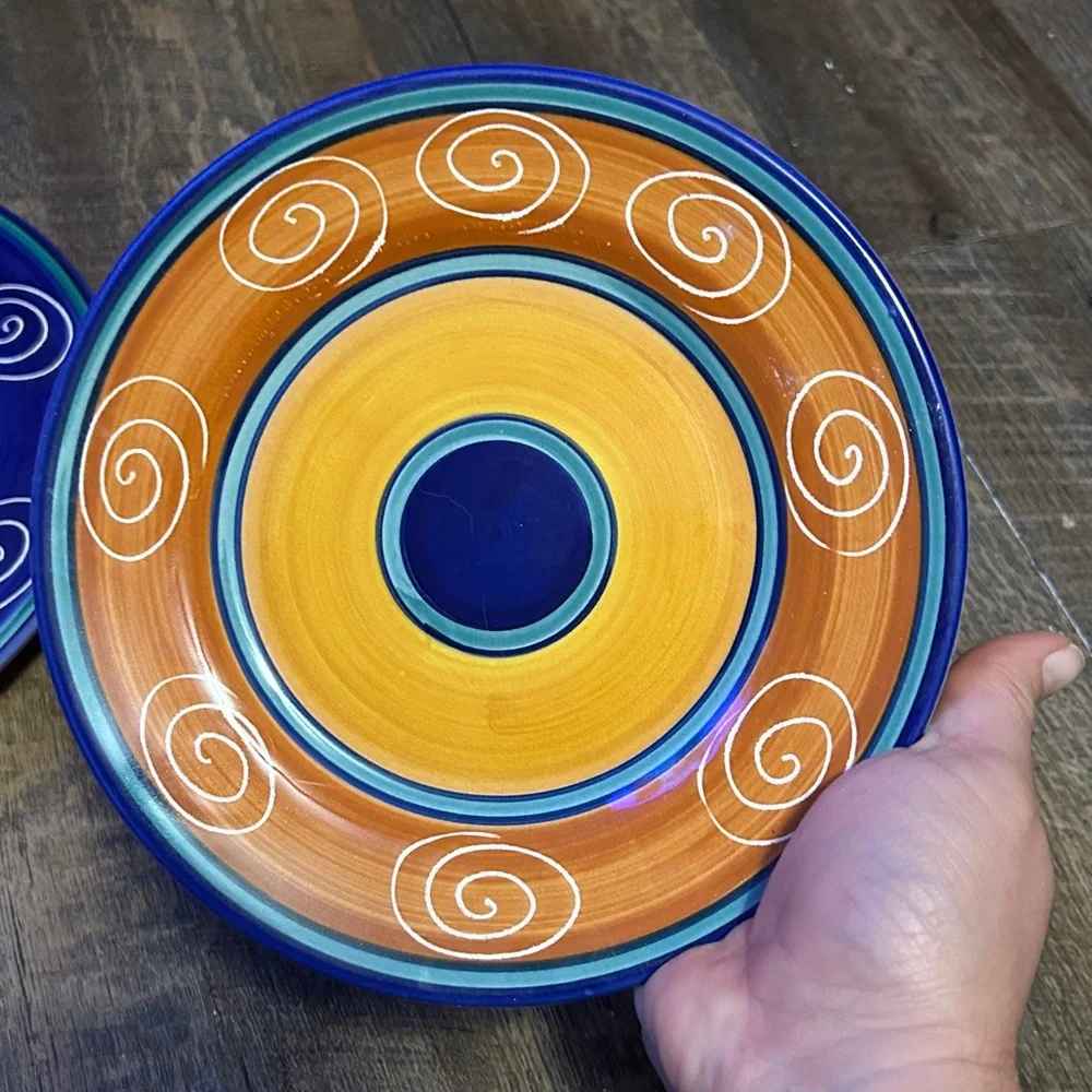 Pier 1 Italian Swirl Dinner Plate Hand Painted Cobalt Orange 11.5